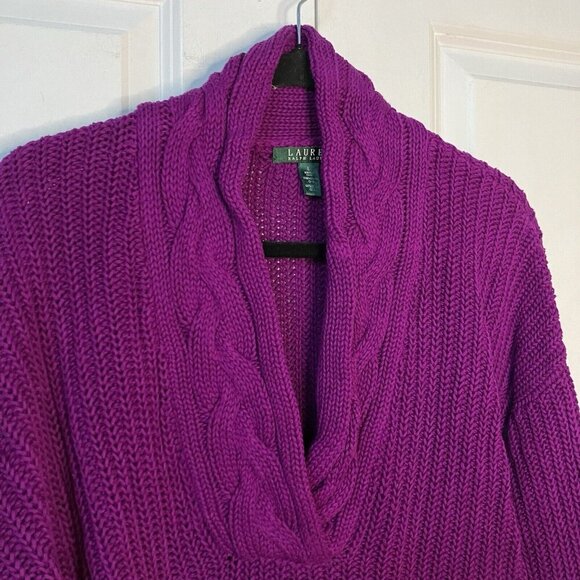 Lauren Ralph Lauren Sweater Womens L Purple Cable Knit V-neck Chunky Pullover - Picture 2 of 5
